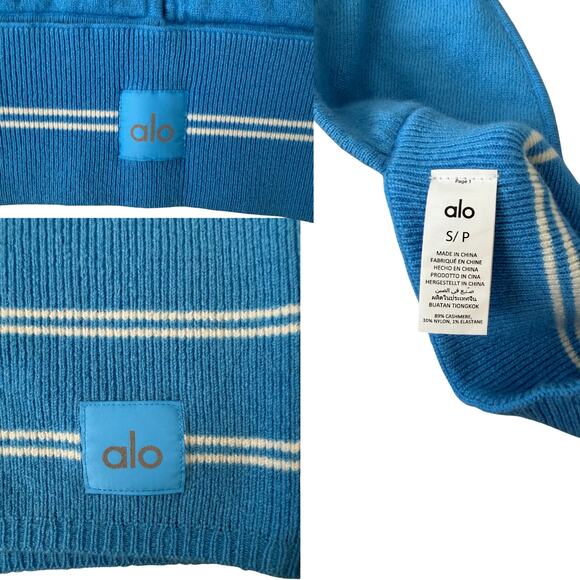 NEW Alo Yoga Cashmere Mini Stripe Halter Tank/Shorts Set Azure Sz S Retail $386 - Picture 6 of 9
